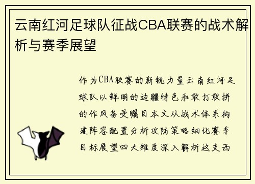 云南红河足球队征战CBA联赛的战术解析与赛季展望