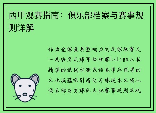 西甲观赛指南：俱乐部档案与赛事规则详解