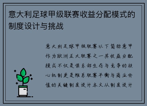 意大利足球甲级联赛收益分配模式的制度设计与挑战
